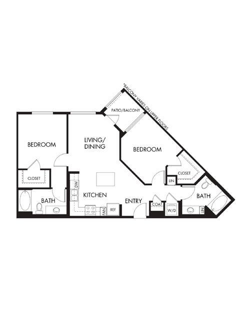 Floor plan for 2 beds, 2 baths, 1007 sqft
